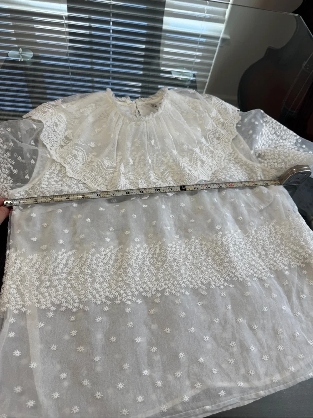 Zara White Sheer Lace Ruffle-Neck Blouse
